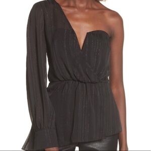 ASTR Black Metallic Stripe Chiffon Overlay One Shoulder Blouse | Size M